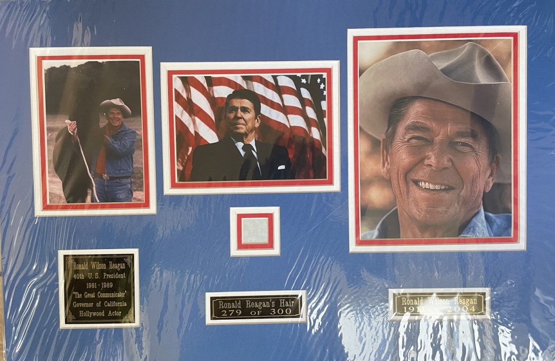 Ronald Reagan- Strand of his Hair Matted nicely: Limited Edition 279 of 300 strand of Ronald Reagan's hair matted with three color photographs and three name plates to an overall size of 24X16. Comes with a COA from John Reznikoff.