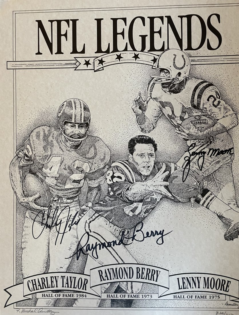 NFL Legends- Limited Edition Lithograph Signed by 3 Hall of Famers: 16X20 Limited edition #220/250 lithograph for NFL Legends signed by Michael Armstrong the artist and Charley Taylor, Raymond Berry and Lenny Moore. In very good condition.Comes with a full Letter of A