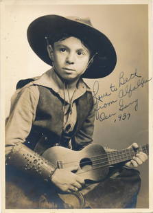 Alfalfa Switzer- Vintage Sepia Signed Photograph: SUPER NICE Vintage 5X7 sepia matte finish photograph from "Our Gang," signed in blue fountain pen ink, "Love to Beth from Alfalfa, Our Gang, 1937." In very good condition with light dings to the