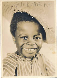 William "Buckwheat" Thomas-- Vintage Sepia Signed Photograph: SUPER RARE Vintage 5X7 sepia matte finish photograph signed in blue fountain pen ink as a child star in block letters, "Buckwheat." Some corner wear, otherwise in excellent condition. 