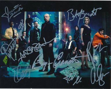 Breaking Bad-Photograph Signed by 9 Cast Members: 10X8 Color Satin finish cast photograph of the cast from, "Breaking Bad," signed in silver inks by Bryan Cranston, Aaron Paul, Anna Gunn, Dean Norris, Betsy Brandt, R. J. Mitte, Bob Odenkirk,