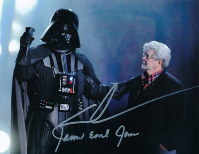 James Earl Jones & George Lucas -Signed Photograph from 'Star Wars": 10x8 Color satin finish photograph from a "Star Wars" film featuring Darth Vador and Geroge Lucas. Signed boldly by James Earl Jones and George Lucas in silver ink. Excellent condition. Comes with a