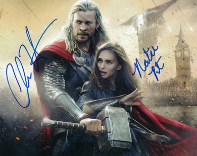 Chris Hemsworth & Natalie Portman-Signed Photograph "Thor 4": 10x8 Color satin finish photograph from "Thor 4" and signed in blue felt tip ink by Chris Hemsworth and Natalie Portman. Excellent condition. Comes with a full Letter of Authenticity from Todd Mueller