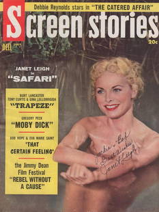 Janet Leigh- Signed Vintage Magazine Cover: Vintage magazine cover for, "Screen Stories", signed and inscribed in black felt tip ink by Janet Leigh. Some light edge wear, otherwise, in good condition. Comes with a full Letter of Authenticity