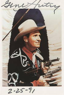 Gene Autry- Vintage Signed Photograph: Vintage 4x6 color glossy finish photograph signed in black felt tip ink by Gene Autry. Dated in 1991. In very good condition. (1907â€“1998) Gene Autry was nicknamed the Singing Cowboy. He was an