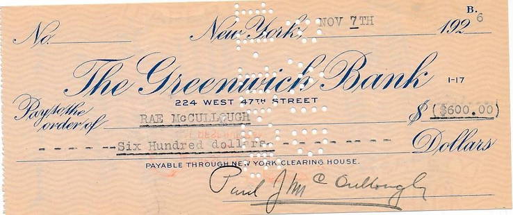 Paul McCullough- Signed Vintage Bank Check: Vintage bank check from The Greenwich Bank signed on old black ink by Paul McCullough. The check is dated in 1926 and is made out to Rae McCullough and signed on the back by her. Folding creases,