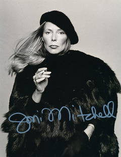 Joni Mitchell-Signed Photograph: 8x10 B&W satin finish photograph signed in silver felt tip ink by Joni Mitchell. Excellent condition.Comes with a full Letter of Authenticity from Todd Mueller Authentics if the lot sells for $10 or m