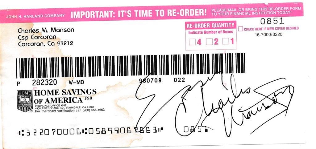Charles Manson- Signed Re-Order Slip for Bank Checks (1 of 1)