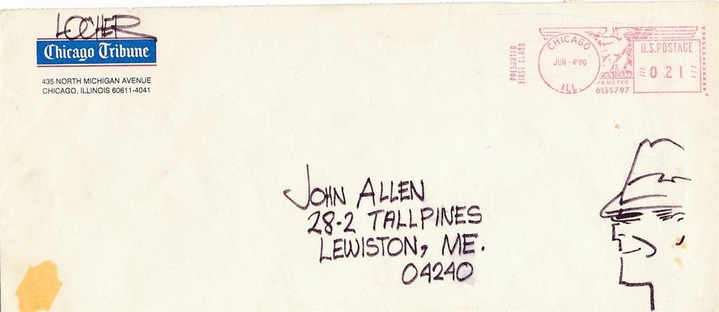 Dick Locher- Signed Envelope with Sketch of Dick Tracy: Envelope signed, "Locher," in the upper left corner above "Chicago Tribune's" logo. He has addressed it and added a sketch of Dick Tracy. In very good condition. (1929-2017) Richard Earl Locher was an