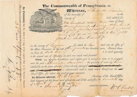 1819 Pennsylvania Document Signed by Jacob Spangler & William Clark: Historical 9.5X5 Commonwealth of Pennsylvania document from 1819 purchase of land signed by Jacob Spangler as Surveyor General and William Clark as Secretary of the Land Office. Very nice.Jacob Spangl