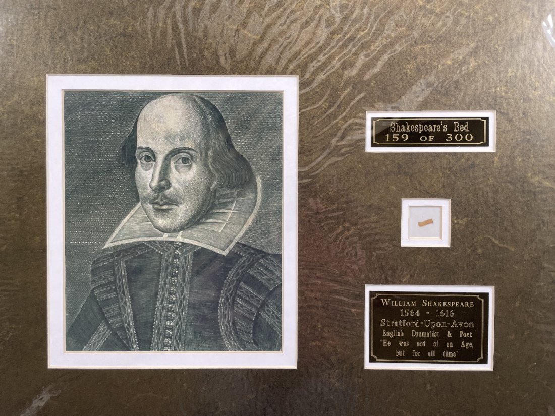 William Shakespeare- Piece of his Bed Matted: Limited Edition 159 of 300. Piece of wood from the bed of Shakespeare matted with an image of him and two nameplates to an overall size of 20X16. COA from John Reznikoff.
