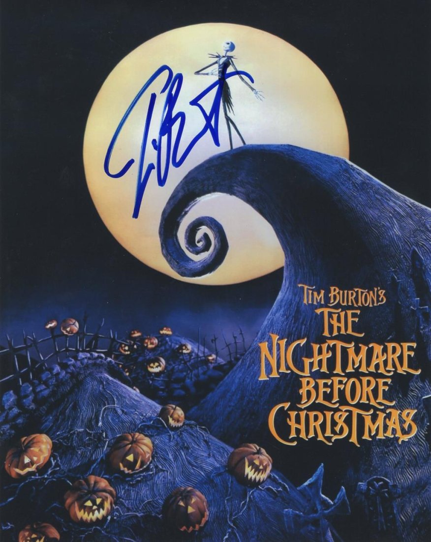 Tim Burton- Signed Photograph "The Nightmare Before Christmas": 8x10 Color satin finish photograph from, "The Nightmare Before Christmas", signed in blue felt tip ink by Tim Burton. In very good condition. Comes with a full Letter of Authenticity from Todd Mueller