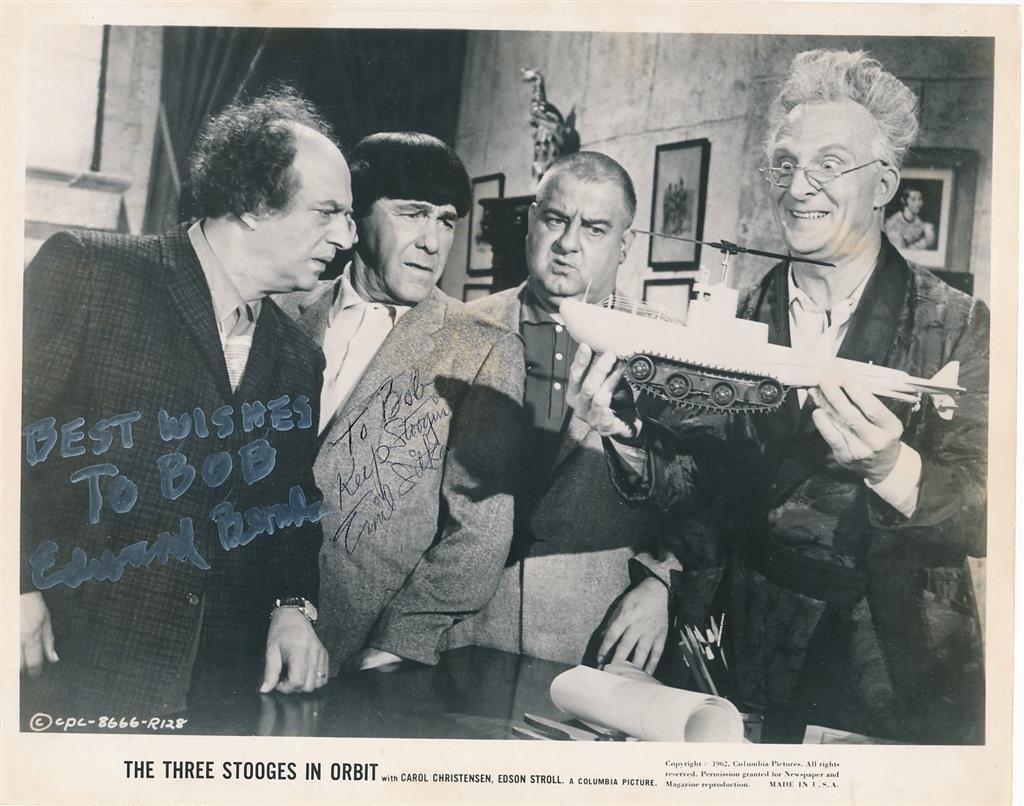Emil Sitka & Edward Bernds-Signed Vintage Photograph "3 Stooges in Orbit": 10X8 Sepia Glossy vintage photograph from, "The Three Stooges in Orbit," signed in a white ink by Screenwriter Edward Bernds who passed away in 2000 and Emil Sitka in ballpoint ink. Both have inscribe