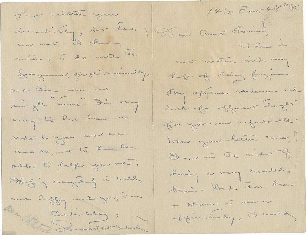 D. N. McIntosh- ALS to his Aunt (Colonel in Civil War): Historical Rare two page adjoined letter written on two pages to his aunt apologizing for his rudeness to her signed at the conclusion by Daniel N. McIntosh. No date but circa 1800's.(1822â€“1896
