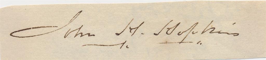 John Hopkins (1st Bishop Episcopal Diocese of Vermont )- Clipped Signature: Historical 3.5X1 clipped signature of John Hopkins. A rare example of his signature.(1792â€“1868) John Henry Hopkins was the first bishop of Episcopal Diocese of Vermont and the eighth Presiding