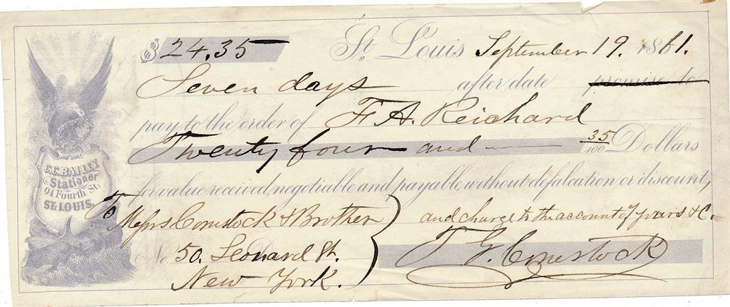 Dr. Thomas Comstock- Practiced Homoeopathy Medicine- Signed Check from 1861: Historical Bank check filled out and signed by Thomas Comstock in 1861. He practiced Homoeopathy medicine and was also given an appointment he declined during the Civil War as Appointment of Surgeon o
