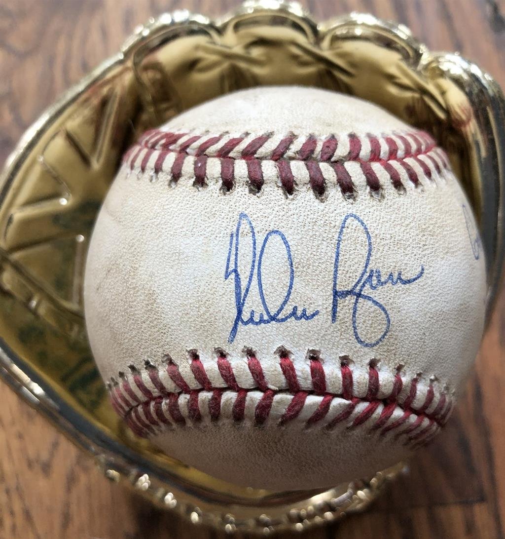 Nolan Ryan- Game Used Baseball from his 300th Win Signed & Documented: Bobby Brown American League game used baseball during Nolan Ryan's 300th victory pitched at Milwaukee's county stadium on July 31, 1990. Ryan adds on the ball, "Game Ball 300th Win 7/31/90." Comes wit