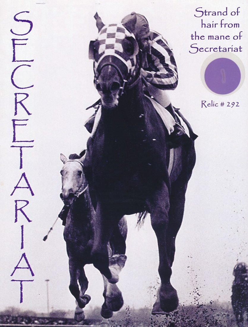 Secretariat-Strand of Hair from his Mane on Relic Card: Limited Edition 8.5x11 relic card containing a strand of hair from the mane of Secretariat. Documented on the reverse which is hand signed by Todd Mueller. In very good condition.