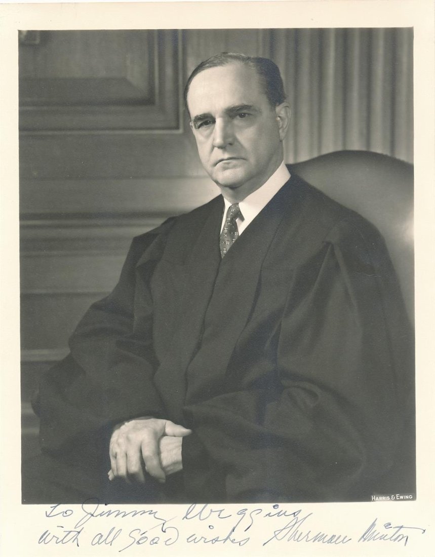 Supreme Court Justice Sherman Minton-Vintage Signed Photograph: 8X10 Vintage sepia matte finish photograph signed in the lower margin in blue fountain pen ink, "To Jimmy Wiggins with all good wishes, Sherman Minton." A crease to the image, otherwise excellent.Sher