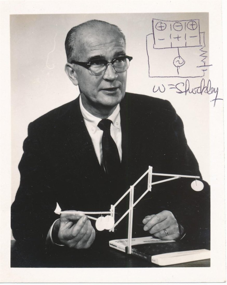 William Shockley- Signed Vintage Photo w/Sketch (Nobel Prize 1956): 3.5X4.25 Vintage Glossy photograph of William Shockley with a model he's explaining. Signed by William Shockley in ballpoint ink adding a sketch of a transistor. In excellent condition.(1910-1989) Wil
