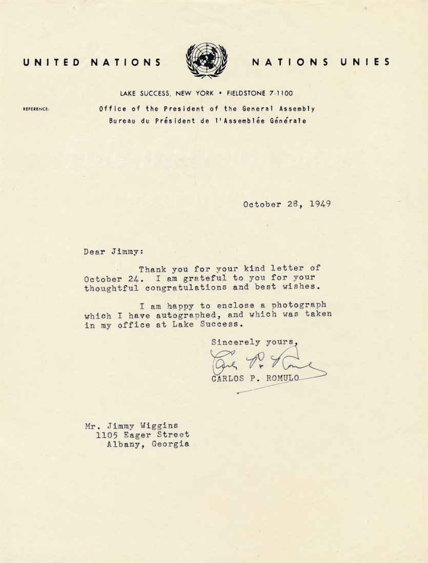 Carlos Romulo- TLS from 1949 on United Nations Letterhead (1 of 1)