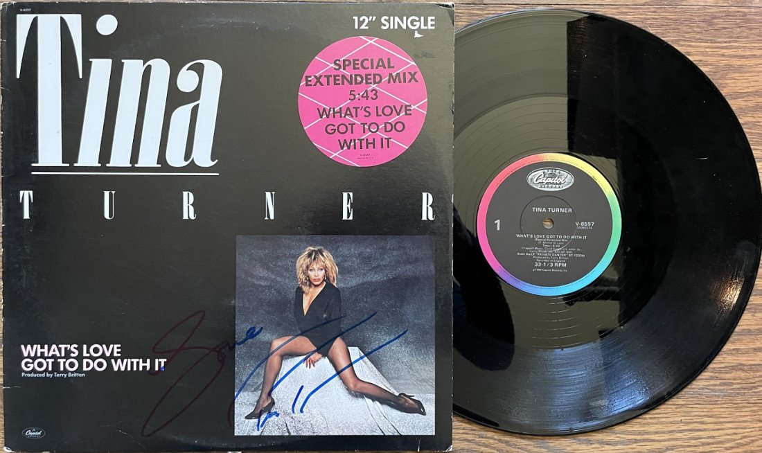 Tina Turner-Signed Record Album: Record album "What's Love Got to do With it" and signed on the cover by Tina Turner in blue felt tip ink. Comes with the record. Some edge wear, otherwise, in good condition.Comes with a full Letter o