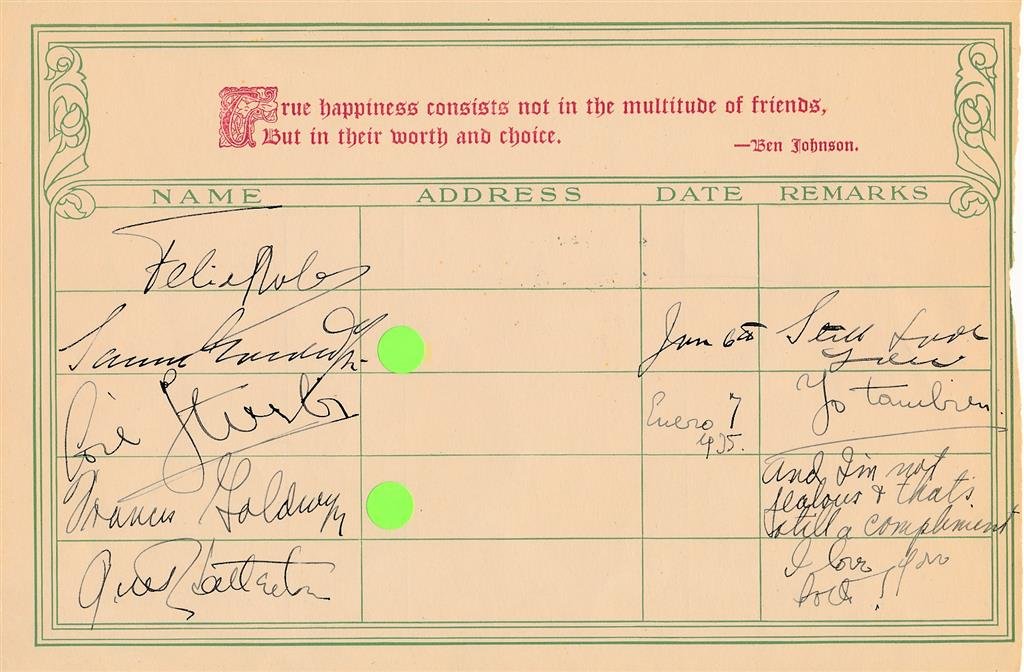 Samuel Goldwyn & Others-Vintage Signed Ledger: Vintage 11X7.25 ledger signed in fountain pen inks on both sides by the following; Felix Roles, Samuel Goldwyn, Jose Iturbi, Francis Goldwyn, Ruth Chatterton, Donald Ogden Stewart, Beatrice Stewart, a