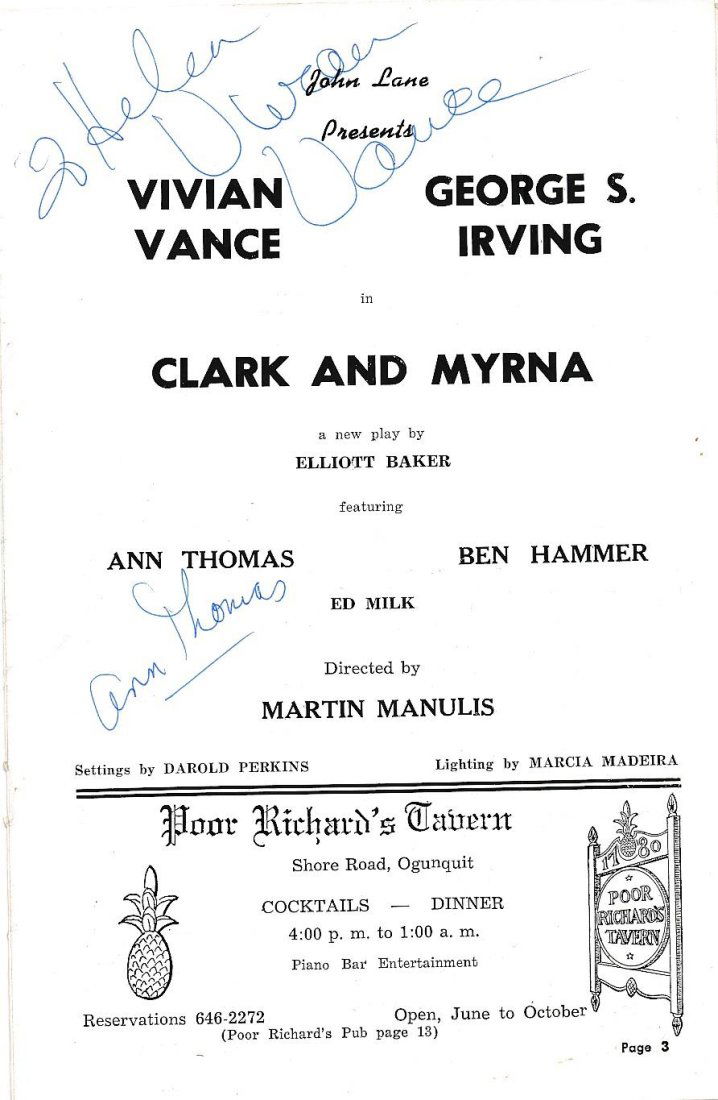Vivian Vance- Signed Theater Program for; "Clark and Myrna" (1 of 1)