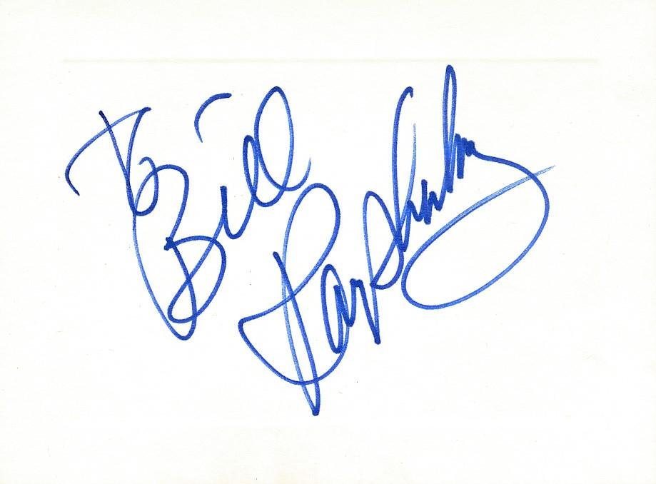 Ray Sharkey- Signed Large Index Card: 4.25X6.5 Index card signed in blue felt tip ink, "To Bill, Ray Sharkey."This is from the Bill Moore estate. Bill Moore was a celebrity portrait artist who worked with pencil and his sketches looked li
