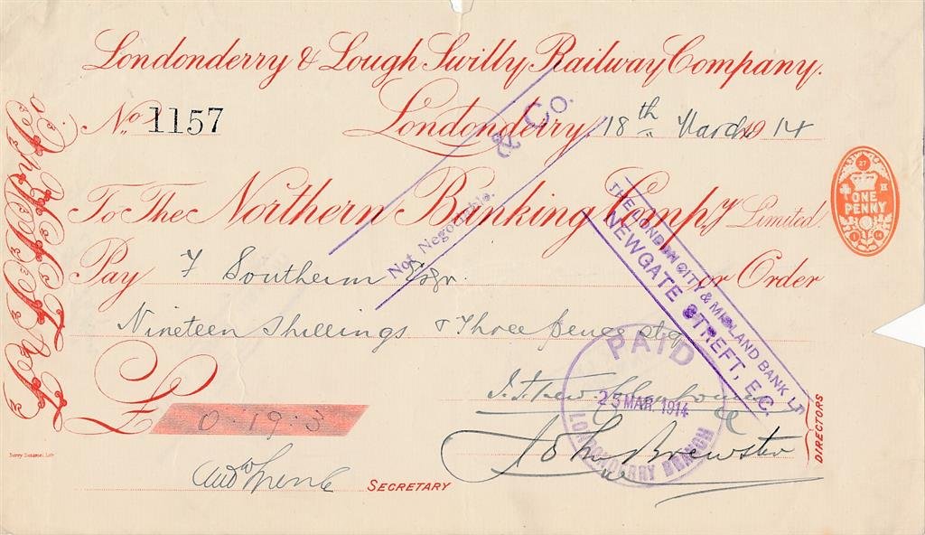 John Brewster- Signed 1914 Londonderry & Lough Twilly Railroad Stock Certificate (1 of 1)