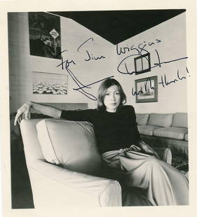 Joan Didion-Vintage Signed Photograph (Pulitzer Prize Writer): Vintage 5x5.5 B&W glossy photograph signed and inscribed in black ink by Joan Didion. In excellent condition.(1934-2021) Joan Didion was an American writer. Along with Tom Wolfe, Hunter S. Thompson an