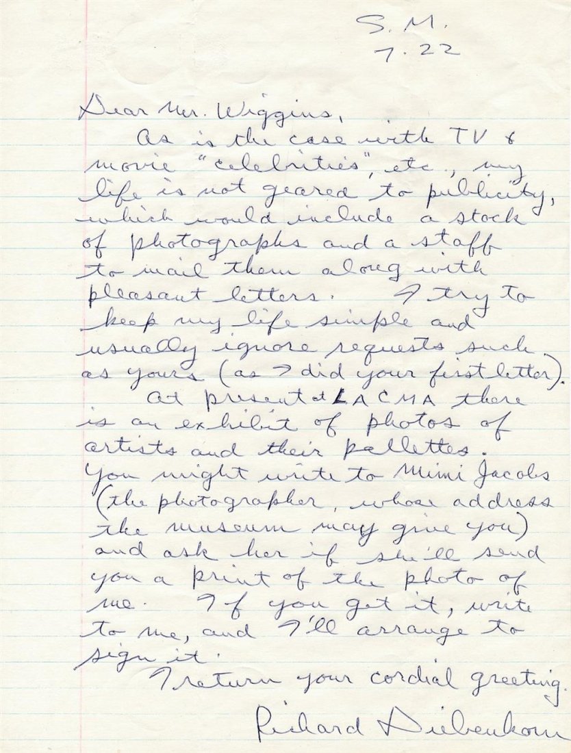 Richard Diebenkorn- ALS Signed (Painter & Printmaker): One page ALS on why he ignored Jim Wiggins first request for his autograph giving him instructions on where Jim can get a photograph of him and how he will arrange to sign it. A nice ALS signed at the