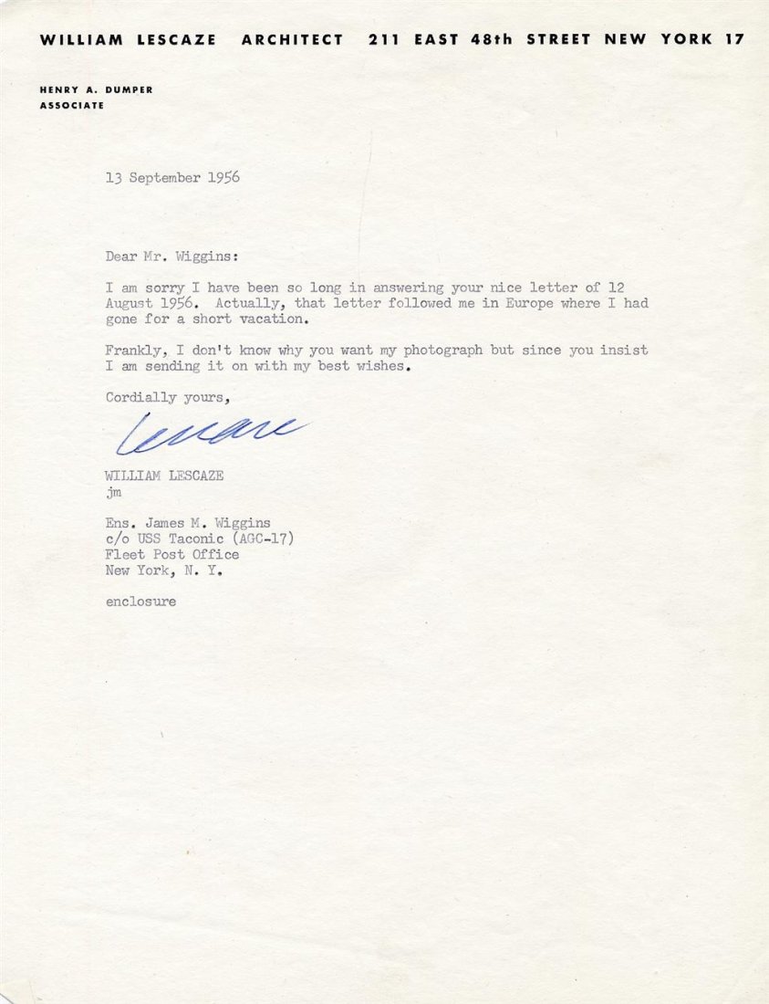 William Lescaze-TLS from 1956 (Pioneer of Modern Architecture): TLS on William Lescaze Architectural letterhead from 1956 complying with an autograph request signed in ballpoint ink by William Lesecaze. (1896-1969) William Edmond Lescaze was a Swiss-born American