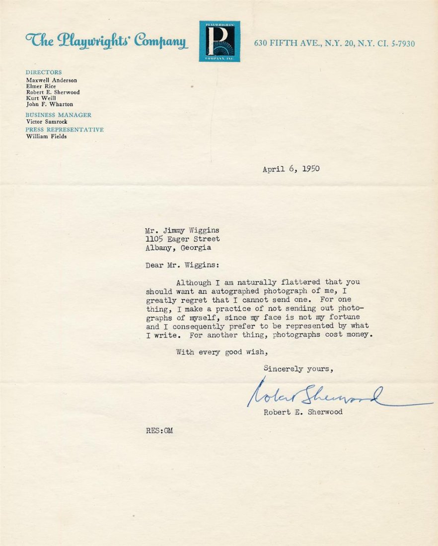 Robert E. Sherwood-TLS from 1950 Signed (Playwright & Screenwriter): TLS on The Playwright's Company letterhead from 1950 explaining why he doesn't send out photographs of himself. Signed in ballpoint ink at the conclusion by Robert E. Sherwood.(1896-1955) Robert Emmet