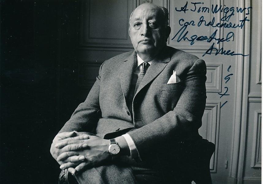 Miguel Angel Asturias-Signed Vintage Photograph (Nobel Prize 1967): 5.75X4 B&W vintage original photograph signed in black ink; "A Jim Wiggins Cordialement Miguel Asturias, 1971." In very good condition.(1899-1974) Miguel Ãngel Asturias Rosales was a Guatemalan poet-