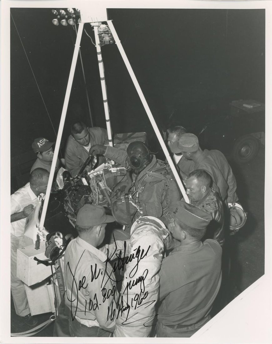 Colonel Joe Kittinger- Signed Vintage Photograph (Fighter/Test Pilot): 8x10 B&W satin finish vintage photograph signed in black felt tip ink "Joe W. Kittinger, 102,800 Jump 16 Aug 1960." In very good condition. (1928-2022) Joseph William Kittinger II served as a United S