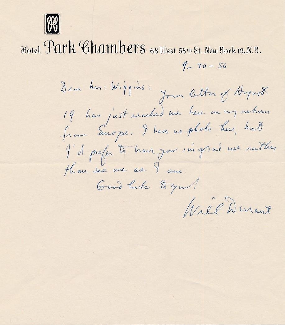 Will Durant- Handwritten Signed Letter (Pulitzer Prize 1968) (1 of 1)