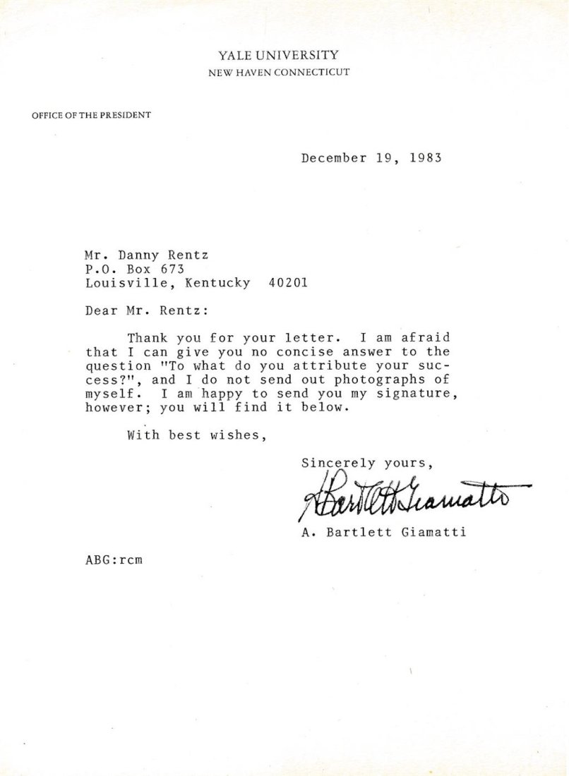 A. Bartlett Giamatti-TLS from 1983 (Baseball Commissioner Banned Pete Rose): TLS on Yale University letterhead to Danny Rentz about not being able to answer his question about an attribute that made him successful and how he doesn't send out photographs. Signed at the conclusi