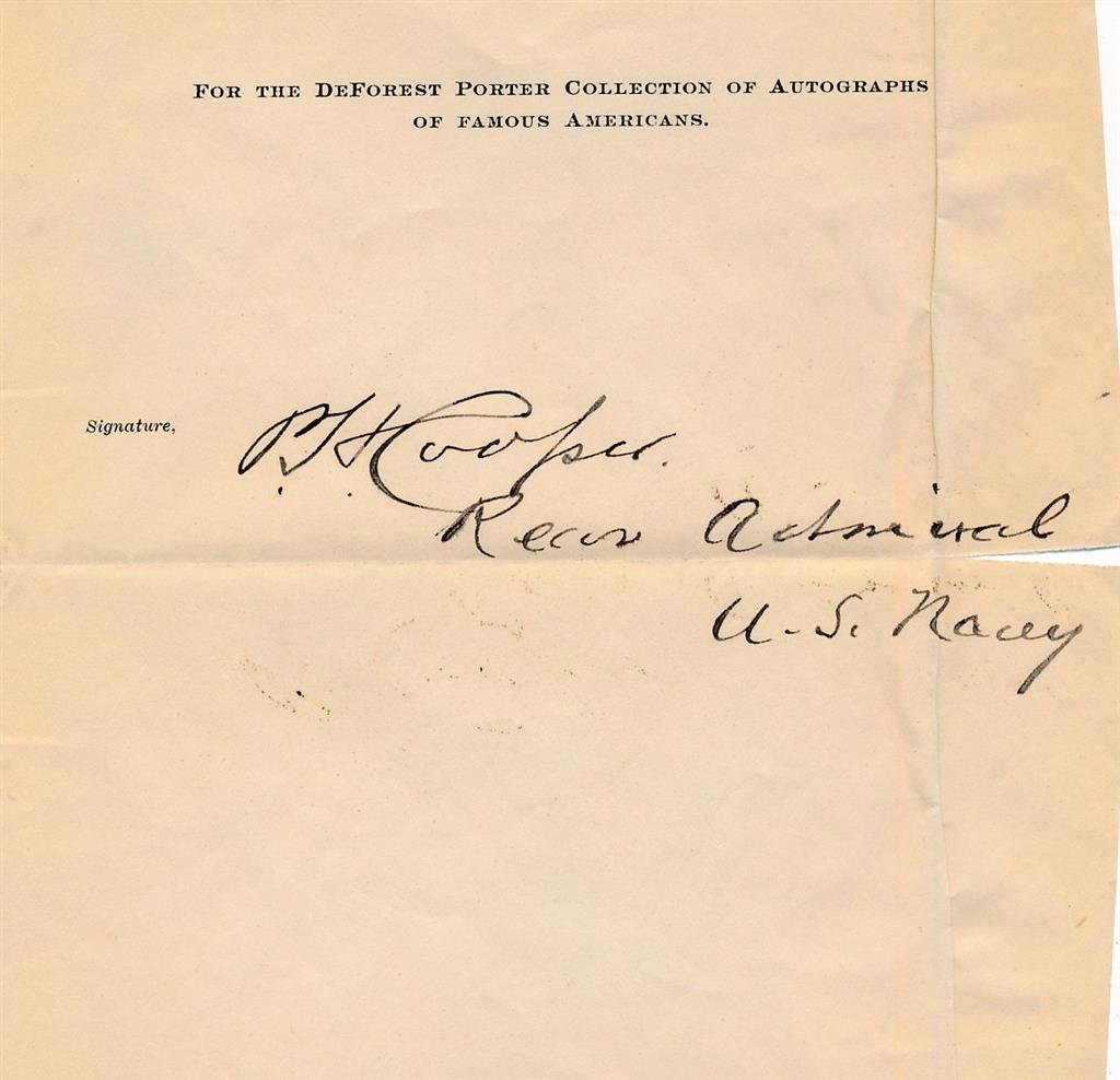 Rear-Admiral Philip H. Cooper - 1903 Signed Page (Commd. US Asiatic Fleet): Historical 6X6 page signed in old black ink, "P. H. Cooper Rear Admiral, U.S. Navy." Comes with the original transmittal envelope. A rare example of his signature.(1844-1912) Rear Admiral Philip Henry
