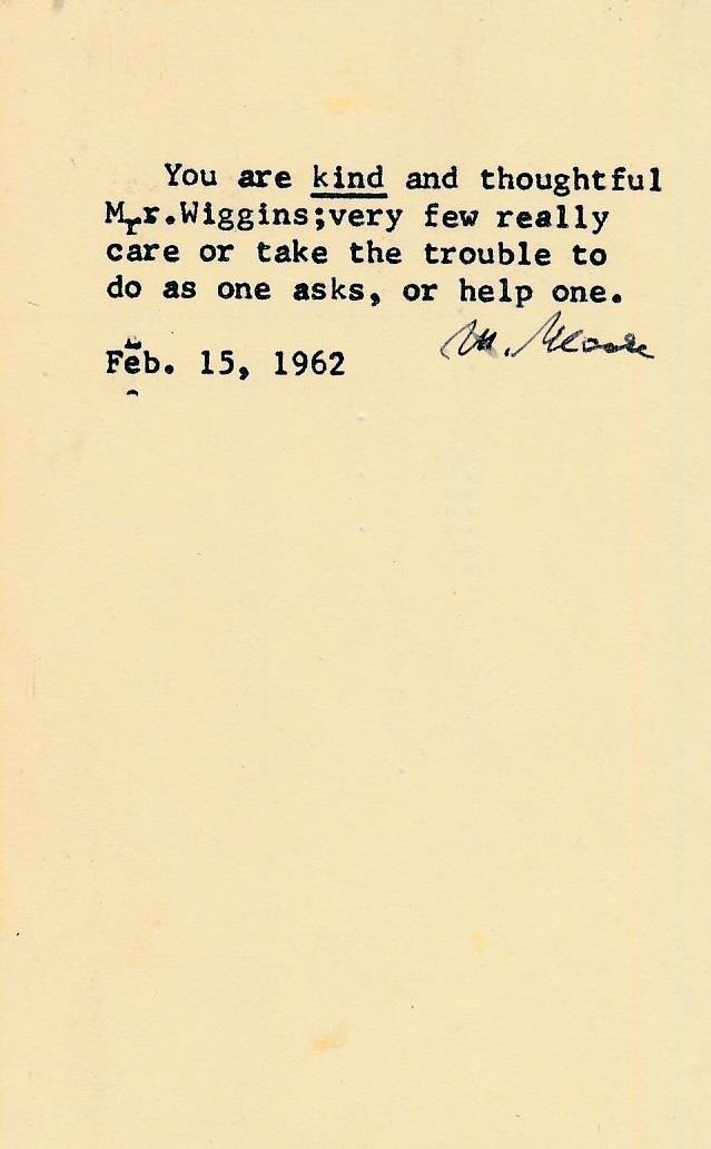 Marianne Moore- Typed Note from 1962 Signed on a Card (Poet) (1 of 1)