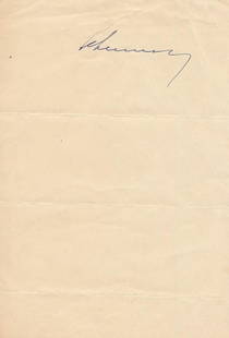 Robert Schuman-Historical Signed Page (Twice France Prime Minister): Historical 6X9 page signed in fountain pen ink, "Schuman," by Robert Schuman. A nice example of his autograph.(1886-1963) Jean-Baptiste Nicolas Robert Schuman was a Luxembourg-born French statesman. S