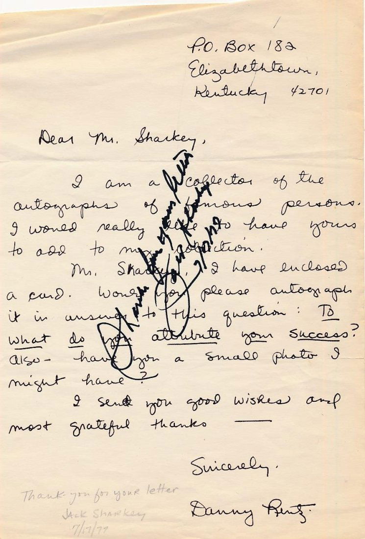 Jack Sharkey-Vintage Signature (World Heavyweight Boxing Champ): Handwritten letter by a fan signed in the middle in black felt tip ink, "Thanks for your letter Jack Sharkey, 7/10/72." (1902-1994) Jack Sharkey was a Lithuanian-American world heavyweight boxing cham
