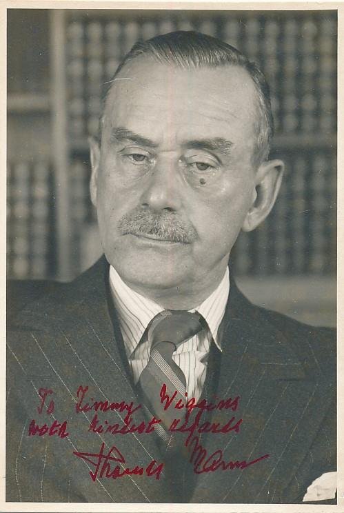 Thomas Mann-Vintage Signed Photograph (Nobel Prize 1929): Vintage 3.25X5 sepia gelatin photograph signed in red fountain pen ink, "To Jimmy Wiggins with kindest regards, Thomas Mann." In excellent condition.(1875-1955) Paul Thomas Mann was a German novelist,