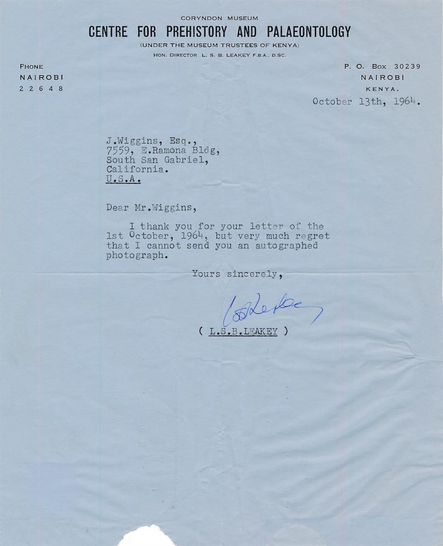 Louis S.B. Leakey-TLS from 1964 (Humans Evolved from Africa Scientist): TLS on the letterhead of the Centre for Prehistory and Palaeontology, Nairobi Kenya, October 13th 1964. The letter is declining an autograph photo request by Jim Wiggins. Signed at the conclusion in b