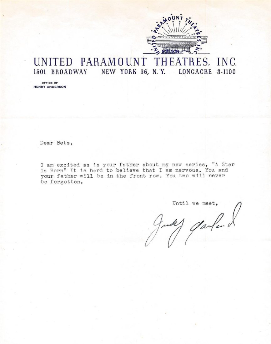 Judy Garland-TLS on United Paramount Theatres Inc. Letterhead w/Photo: TLS on United Paramount Theatres, Inc. letterhead, no date. The letter read, "Dear Bets, I am so excited as is your father about my new series "A Star is Born" It is hard to believe that I am nervous.