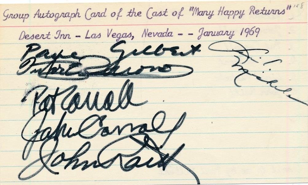 "Many Happy Returns" Vintage Signed Index Card by 6 Cast Members (1 of 2)