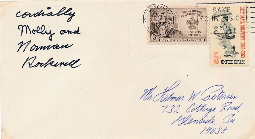 Norman & Molly Rockwell-Signed Envelope: Envelope signed in black ink "Cordially Molly and Norman Rockwell" by both, Norman Rockwell and his wife Molly Rockwell. I think it was postmarked in 1977, but it's really hard to see on the stamp. In