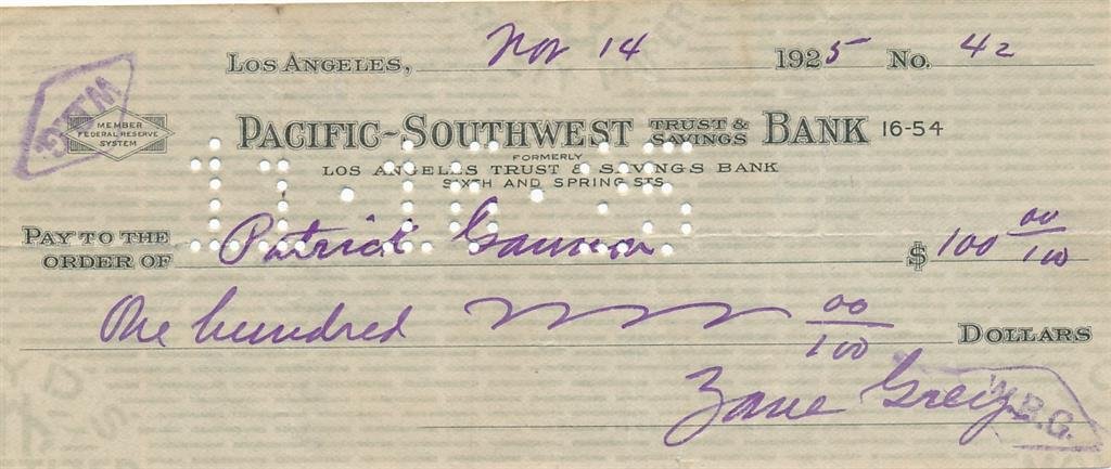 Zane Grey- Signed Bank Check from 1925 (1 of 1)