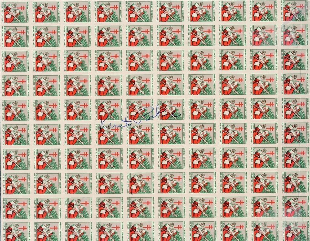 Knute Rockne-Signed Sheet of 1930 Stamps (Famed Notre Dame Player & Coach): Full sheet of 100 stamps "Merry Christmas Health to All" 1930 stamps signed in the center by Knute Rockne in blue fountain pen ink. Excellent condition. The 2nd scan is a closeup of his signature. (18