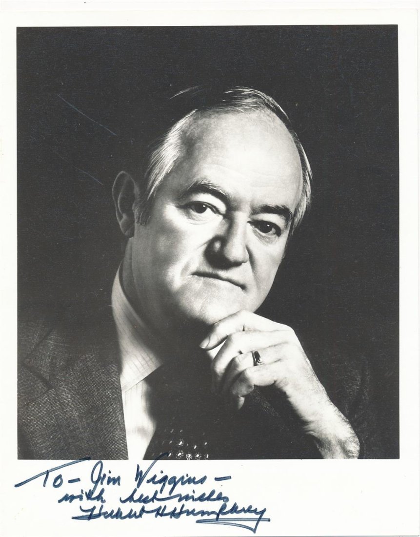 Hubert Humphrey-Vintage Signed Photograph: 8x10 B&W vintage photograph signed "To Jim Wiggins-with best wishes Hubert Humphrey" in black ink. In very good condition. (1911-1978) Hubert Humphrey was an American pharmacist and politician who ser